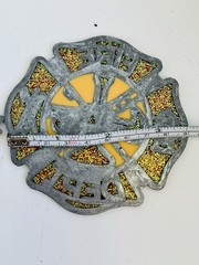 Two Vintage Fire Dept Stained Glass SunCatcher Ornaments Fireman Firefighter