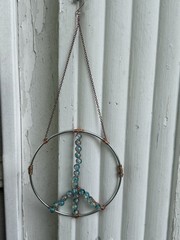 Hanging Silver Metal Ring Beaded Peace Sign Suncatcher, Blue Beads