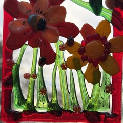 Fused Glass Handmade Rectangular Multicolor Sun Catcher Signed By Artist