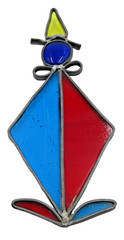 VTG XL BIG 8″ WELDED STAINED GLASS CIRCUS CLOWN BLU RED YELLOW Silver tone metal