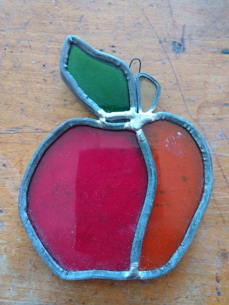 Red and green stained glass apple ornament D