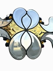 Arts & Crafts Stained Glass Suncatcher Amber Slag Glass 19”