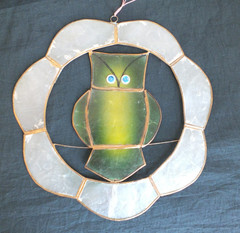 Leaded brass Capiz shell OWL window sun catcher 7.5″ wall decor READ
