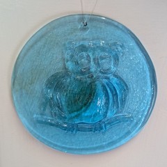 Vintage Brilliant Blue Owl Suncatcher Glass Round Disk Textured Raised Ornament