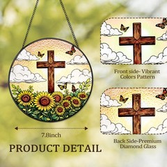 8″ Stained Glass Cross Suncatcher with Sunflower & Butterfly for Women Gifts