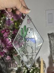 UNFINISHED VTG Stained Glass Window Sun Catcher Coyote Howling Cactus Diamond