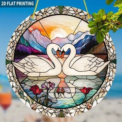 Romantic Pair White Swans Heart Neck Mountain Sunset Acrylic Suncatcher Decor