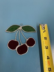 RARE Vintage Cherry Stained Glass Leaded Suncatcher Fruit Red Hanging Cherries