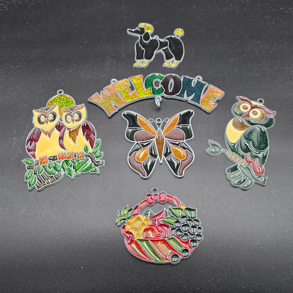 Vintage Suncatcher Lot of 6 Homemade WELCOME Owl Poodle Butterfly Fruit basket