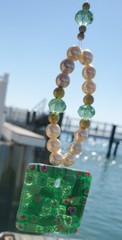 CRYSTAL SUN CATCHER with faux pearls and CRYSTAL BEADS green glass square