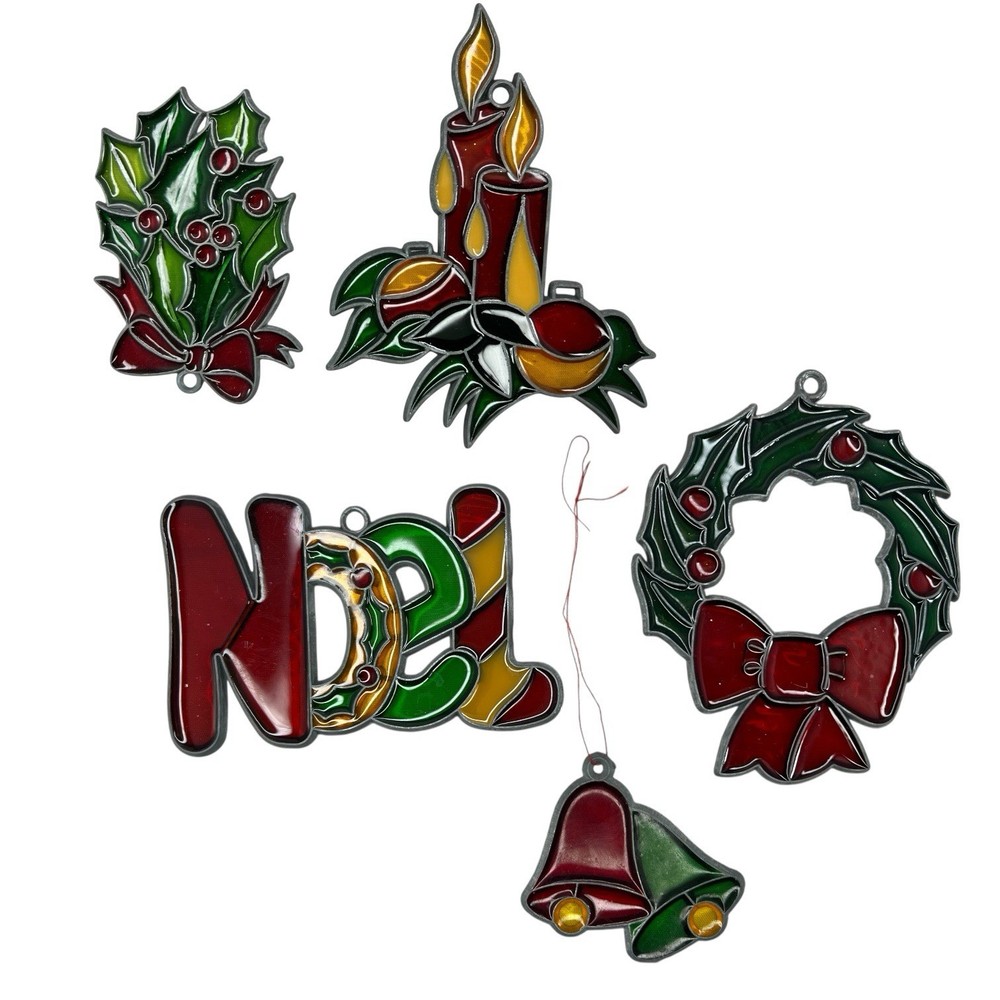 VTG 70s Set Of 5 Christmas Stained Sun Catcher Hanging Decorations Lead Frames
