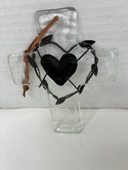 Sun Catcher glass Cross Sculpted Metallic Metal Heart Leather Hanging strap. 6″