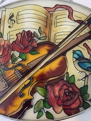 Vintage Joan Baker Art Glass Winter Suncatcher Roses Violin Music Book