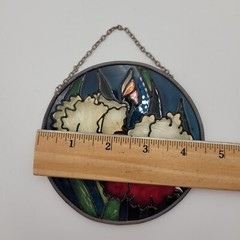 Stained Glass Red & White Poppies Round Blue Green Sun Catcher Round 4.5″
