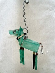 Large Dog Sun Catcher Fused Art Glass Modern Green Hanging 13X9” ‘Best Friend’