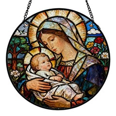 Virgin Mary Baby Jesus Stained Glass Suncatcher Window Art Decor, 7.9″ Round