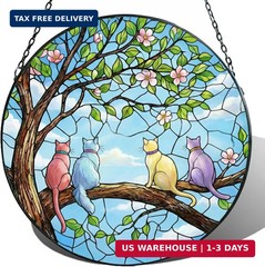 Sun Catcher Stained Glass Window Hanging, 7.8 Inch Spring Scene with 4 Cats on B