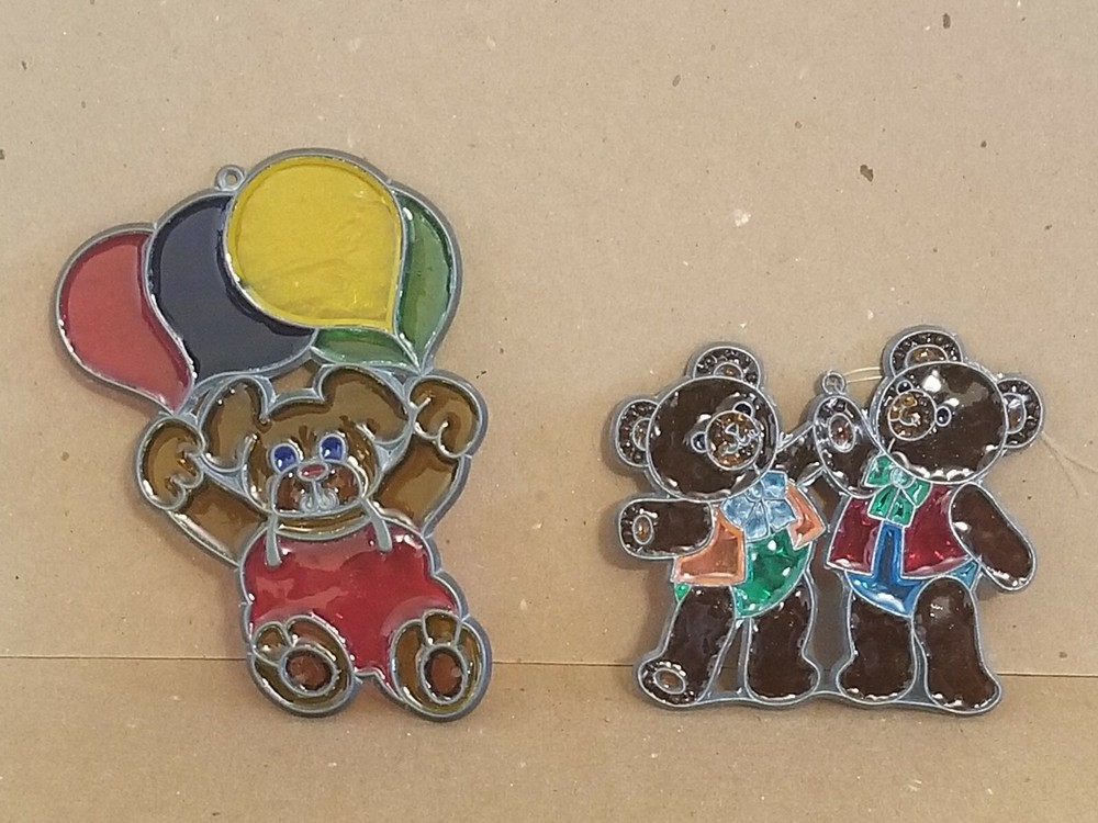 1980s Suncatchers Metal Plastic Stained Glass Look Bear w/ Balloons, Bear Twins