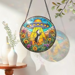 Colorful Stained Glass UFO Sun Catcher Indoor Outdoor Home Decor Gift