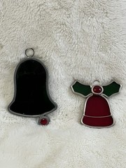 2 Stained Glass Red & Green Bell w/ Holly Christmas Ornaments Suncatchers