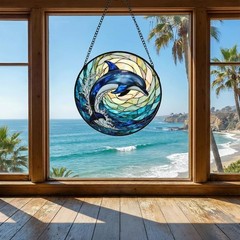 Dolphin Stained Glass Suncatcher – 9” Ocean Wave Window Hanging Decor Gift for