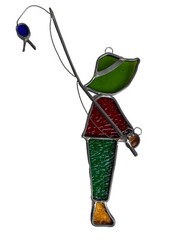 Vintage Fisherman Fishing Sun Catcher Stained Leaded Glass Suncatcher 10” AA8