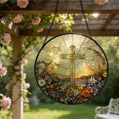 Christian Cross Stained Glass Suncatcher – Wildflower Wall Art Decor 7.9″