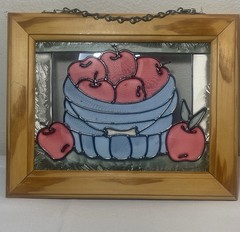 10”x8” Framed Stained Glass Window Suncatcher Apples In Blue Basket With Chain