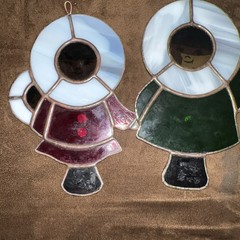 2 Vintage Eskimoone with hanging fish Stained Glass Sun Catcher 6 in