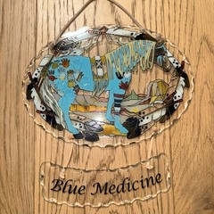 Blue Medicine Hand Painted Glass Suncatcher Horse American Indian