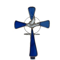 Blue And White Stained Glass Suncatcher Cross With Dove Religious Christian