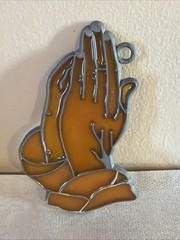 Vintage Amber Colored PRAYING HANDS Stained Glass Suncatcher 4″ x 2″