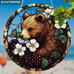 Wild Brown Bear Surrounded By White Wildflowers Red Berries Acrylic Suncatcher