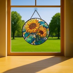 Sunflower Stained Glass Sun Catcher – Indoor Window Decor 7.8in Gift Idea
