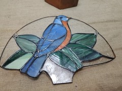 Vintage Blue Bird Stained Glass Suncatcher 7″ × 11″ Window Decor Or Table Top
