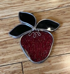 Vintage Stained Glass SunCatcher Window Lead Metal Strawberry Fruit Red 4.5”