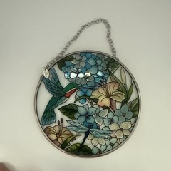 AMIA Sun Catcher 4.5″ Round Glass Hummingbird & Flowers Country Cottage Decor