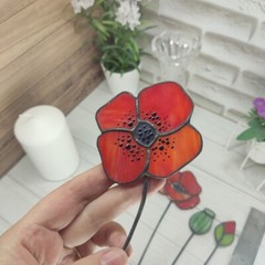 stained glass suncatcher flowers, Bouquet In Vase red poppies