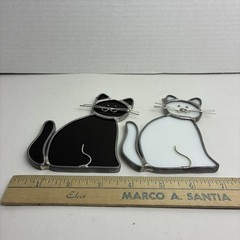 Vintage Pair Of Stained Glass Cats Black & White Kittens Sun Catchers Whiskers