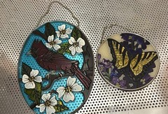 Red Cardinal & Butterfly Stained Glass Suncatcher Window Hanging Decor 2ct Lot
