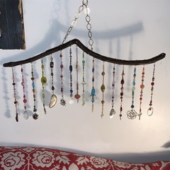 Handmade Multicolor Beaded Bohemian Suncatcher Mobile Wood Glass Metal