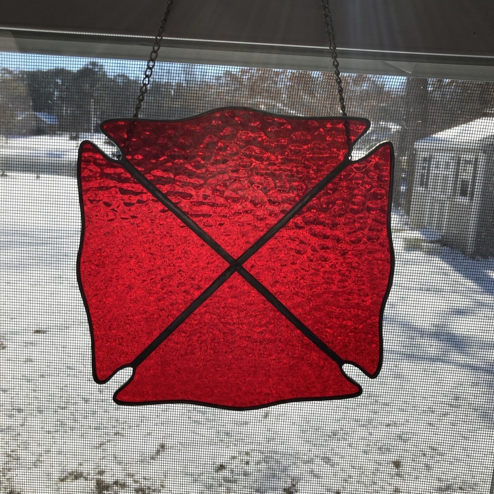 Vintage Stained Glass Fire Department Crest Fireman Suncatcher