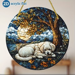 Sleeping Golden Retriever Puppy Under Autumn Tree Moon Night Acrylic Suncatcher