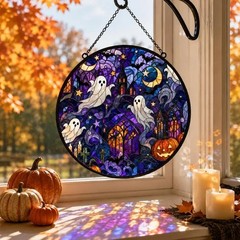 Halloween Ghost Stained Glass Suncatcher, Gothic Moon Pumpkin Decor