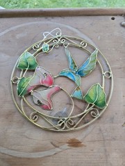 hummingbird & flower suncatcher hand-painted capiz shell panels framed in wire