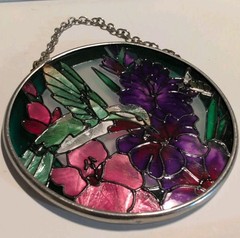 Vintage Hummingbird flower scene stained glass suncatcher hanger for window