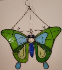 Stained Glass Suncatcher Butterfly Brilliant Blues & Greens Hand Crafted 13″x14″