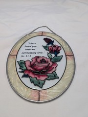 Vintage Stained Glass Like Hanging Suncatcher Red Roses And Verse JEREMIAH 31:3