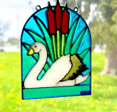 Vintage Sun Catcher-Stained Glass: Swan and Cattail