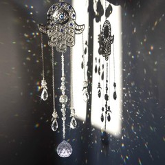 Protection Charm Double Pendant: 19-Inch Crystal Hamsa Hand & Evil Eye Decor